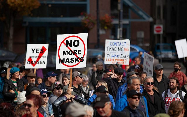 Demonstrators protest against mask wearing and other restrictions meant to halt the spread of COVID-19, Vancouver, Canada, October 17, 2020. (GoToVan/Flickr Commons)