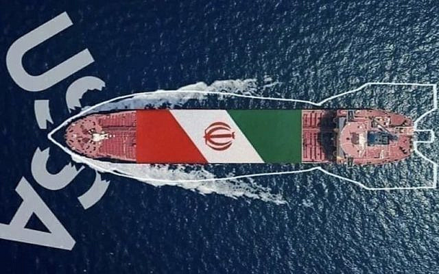 A graphic presentation from a Hizbullah supporter showing an Iranian oil tanker smashing U.S. sanctions and heading to Lebanon (Twitter)