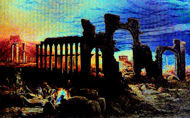 Palmyra. Modified and colorized image from the public domain book, Picturesque Palestine, published 1884, owned by the author.