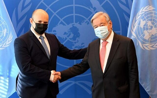 Prime Minister Bennett shakes hands with UN Secretary General Gutteres at the United Nations on September 27, 2021 (Avi Ohayon/GPO) Prime Minister Bennett shakes hands with UN Secretary General Gutteres at the United Nations on September 27, 2021 (Avi Ohayon/GPO)
