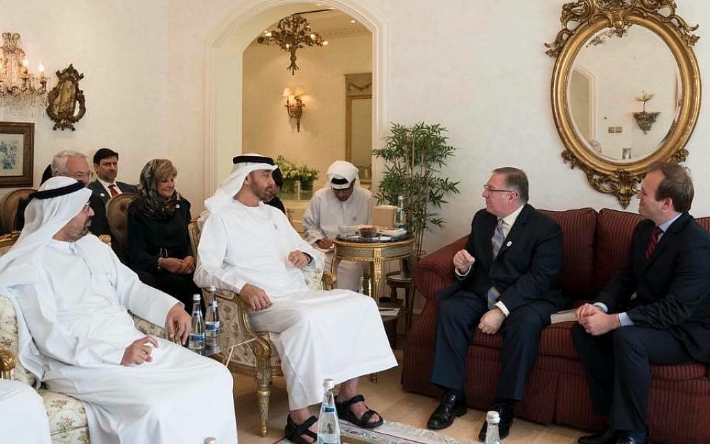 Crown Prince Sheikh Mohammed bin Zayed al Nahyan meets with Joel C. Rosenberg and his delegation of Evangelical leaders at his palace in Abu Dhabi, October 2018 (Courtesy of the UAE Royal Palace)