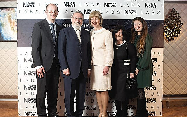 Rabbi Lord Sacks and wife Elaine with (from left) Dan Sacker, Joanna Benarroch and Debby Ifield, at The Jewish News Night of Heroes ((C) Blake Ezra Photography Ltd.)