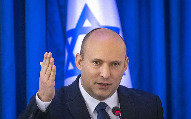 Israeli Prime Minister Naftali Bennett leads a cabinet meeting at the Ministry of Foreign Affairs in Jerusalem on September12, 2021. (Olivier Fitoussi/Flash90) Israeli Prime Minister Naftali Bennett leads a cabinet meeting at the Ministry of Foreign Affairs in Jerusalem on September12, 2021. (Olivier Fitoussi/Flash90)