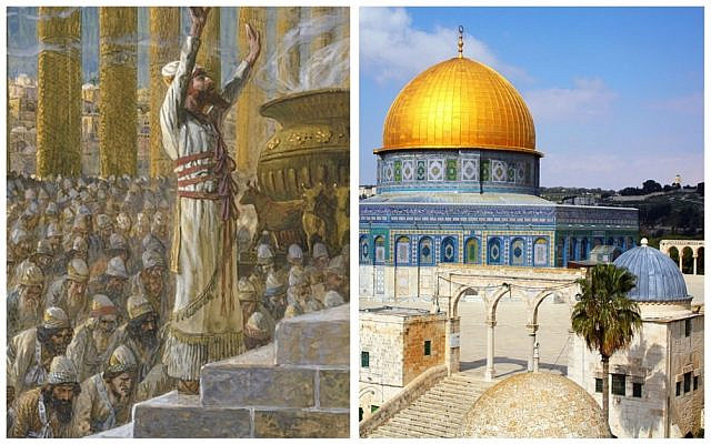 On the left, Solomon dedicates the temple of Jerusalem: partial view of a painting by James Tissot. On the right, Temple Mount today. [Source of photos, Wikipedia]