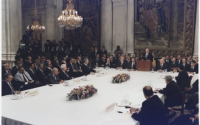 President George H. W. Bush addresses the Middle East Peace Conference (October 31 - November 1, 1991), at the Royal Palace in Madrid, Spain. (Wikipedia)