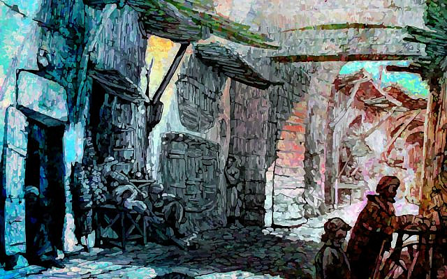 Merchant; modified and colorized image from the public domain book, Picturesque Palestine, published 1884, owned by the author.