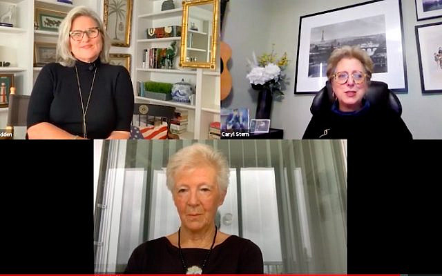 Cynthia McFadden (upper left), moderates a Nov. 18 discussion with Caryl M. Stern (upper right) and Caryl's mother, Manuela "Manny" Stern (bottom). The webinar was co-sponsored by The Olga Lengyel Institute and the Museum of Jewish Heritage.