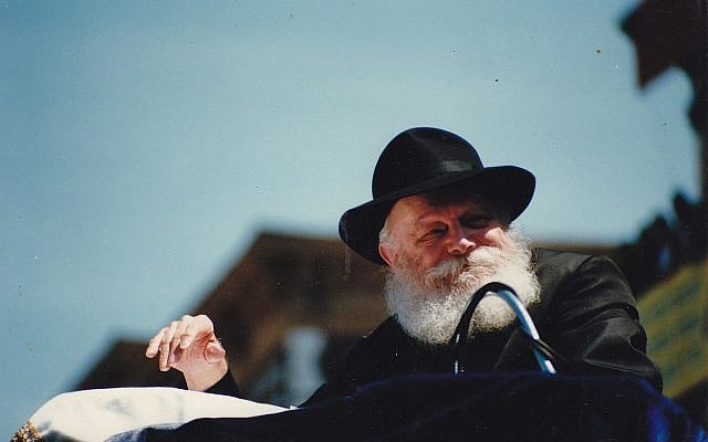 Menachem Mendel Schneerson, the Lubavitcher Rebbe, Lag BaOmer parade, Brooklyn, NY, May 17, 1987 (Mordecai Baron, Creative Commons)