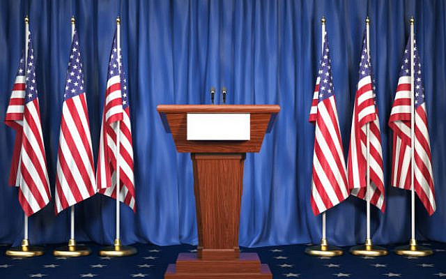 Podium speaker tribune with USA flags. Briefing of president of United states in White House. Politics concept. 3d illustration Podium speaker tribune with USA flags. Briefing of president of United states in White House. Politics concept. 3d illustration