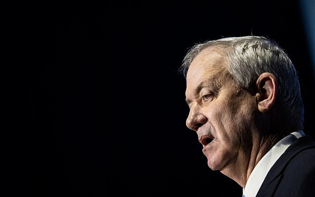 Defense Minister Benny Gantz speaks at a conference at the International Convention Center in Jerusalem, on February 21, 2022. (Yonatan Sindel/Flash90)