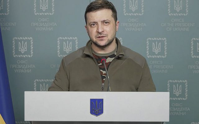 In this image from video provided by the Ukrainian Presidential Press Office, Ukrainian President Volodymyr Zelensky speaks in Kyiv, Ukraine, on March 6, 2022. (Ukrainian Presidential Press Office via AP)