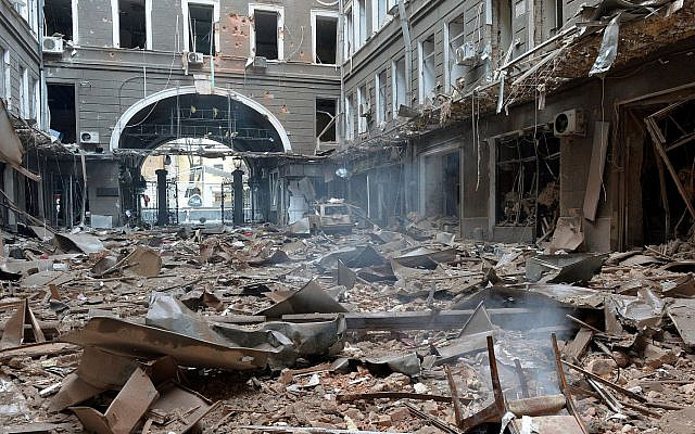 What Used to Be Kharkiv Hillel ((Sergey Bobok/AFP). What Used to Be Kharkiv Hillel ((Sergey Bobok/AFP).