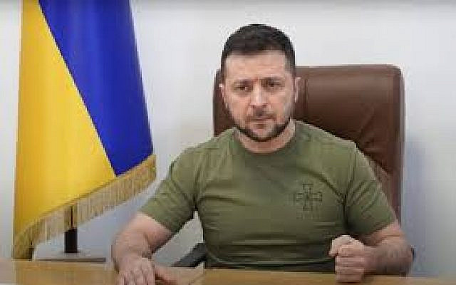 Ukrainian President Volodymyr Zelensky speaks from Kyiv, Ukraine, to Knesset lawmakers on March 20, 2022. (Screen capture: YouTube)