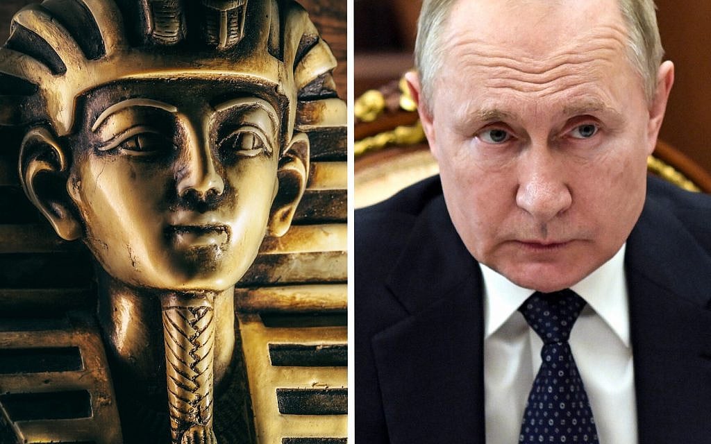 Stone pharaoh tutankhamen mask (iStock), Russian President Vladimir Putin attends a meeting in Moscow, Russia, March 29, 2022. (Mikhail Klimentyev, Sputnik, Kremlin Pool Photo via AP) Stone pharaoh tutankhamen mask (iStock), Russian President Vladimir Putin attends a meeting in Moscow, Russia, March 29, 2022. (Mikhail Klimentyev, Sputnik, Kremlin Pool Photo via AP)