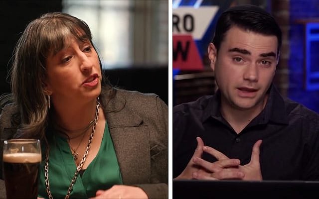 Screenshots: (R) Rabbi Danya Ruttenberg interviewed on 'Full Frontal' TV show, (L) Ben Shapiro on a 'Daily Wire' video podcast