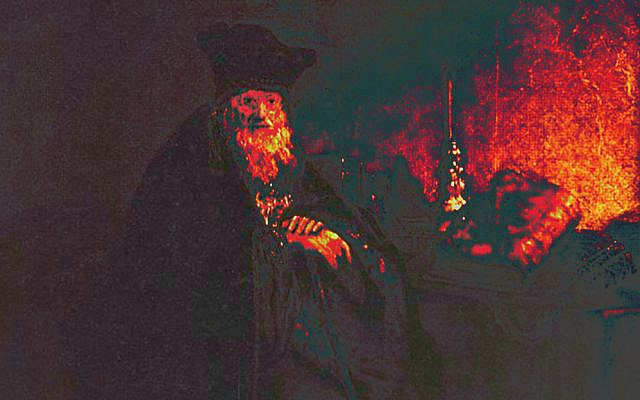Rav Elisha and his book, re-colored and modified image from the public domain source, Wikimedia: Rabbi, by Rembrandt