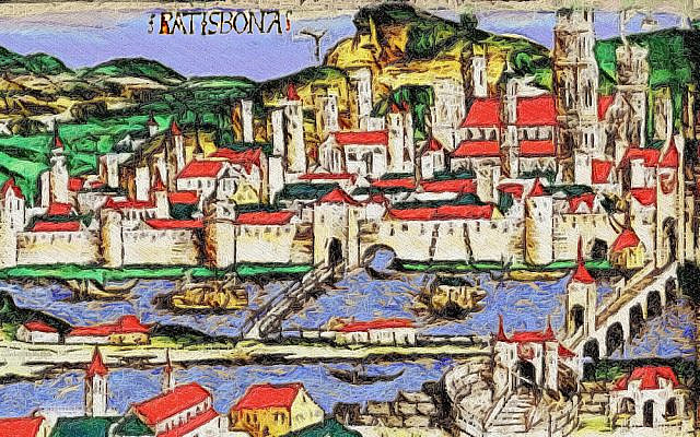 Ratisbon, colorized and modified image from the public domain book The Nuremburg Chronicle, accessible via Wikimedia and The Library of Congress.