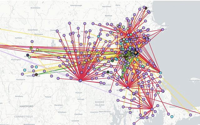 A map of purported connections between Jewish groups and other organizations in Massachusetts created by progressive activist group The Mapping Project, which says its goal is to map 'institutional support for the colonization of Palestine.' (Screenshot/JTA) A map of purported connections between Jewish groups and other organizations in Massachusetts created by progressive activist group The Mapping Project, which says its goal is to map 'institutional support for the colonization of Palestine.' (Screenshot/JTA)