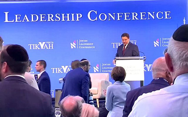 Florida Governor Ron Desantis speaks at the Jewish Leadership Conference at Chelsea Piers on Sunday. (Screenshot) Florida Governor Ron Desantis speaks at the Jewish Leadership Conference at Chelsea Piers on Sunday. (Screenshot)