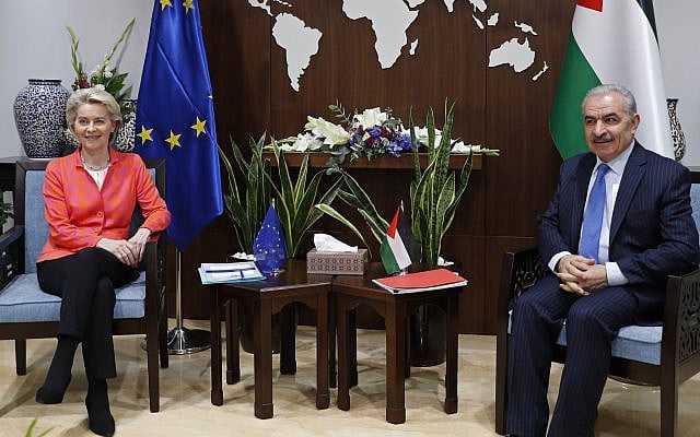President of the European Commission Ursula von der Leyen meets with Palestinian Prime Minister Mohammad Shtayyeh, in Ramallah, West Bank, Tuesday, June 14, 2022. Von der Leyen is on a two-day official visit to Israel and the Palestinian territories. (Atef Safadi via AP)