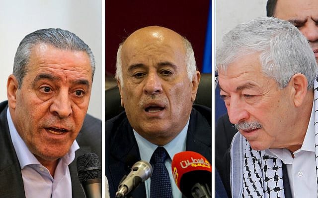 From left: Palestinian Authority Civil Affairs Commissioner Hussein al-Sheikh. (WAFA); Senior Fatah official Jibril Rajoub (Majdi Mohammed/AP); Senior Fatah official Mahmoud Al-Aloul (AP Photo/Nasser Shiyoukhi)