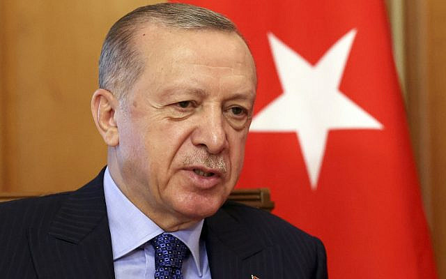 Turkish President Recep Tayyip Erdogan speaks to Russian President Vladimir Putin during their meeting at the Black Sea resort of Sochi, Russia, August 5, 2022. (Vyacheslav Prokofyev, Sputnik, Kremlin Pool Photo via AP)