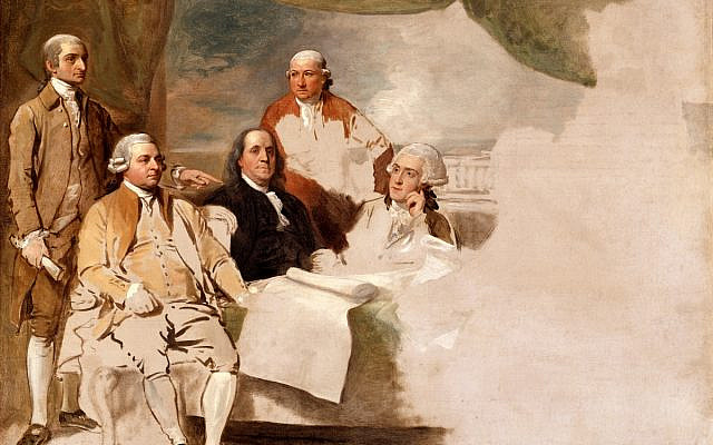 Treaty of Paris by Benjamin West (l-r John Jay, John Adams, Benjamin Franklin, Henry Laurens, and William Temple Franklin). (Public Domain/ Wikimedia Commons)