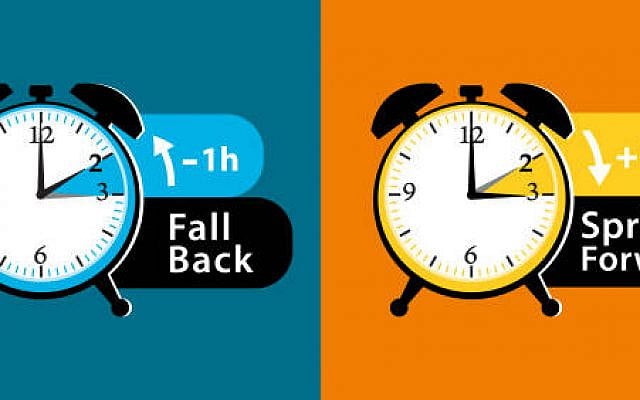Daylight saving time. Fall back and spring forward alarm clocks set. Colorful vector illustration.