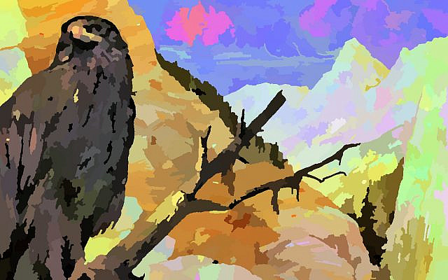 Eagle;  image colorized and modified by the author, obtained from Wikimedia Commons, Golden Eagle by Heubach, in the public domain.
