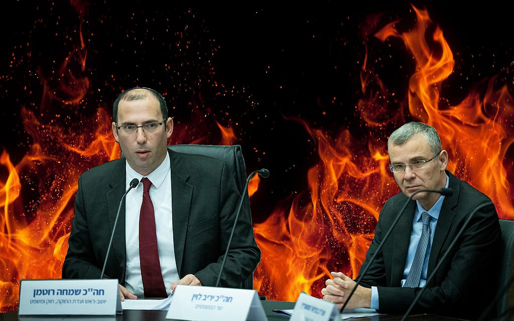 Knesset Constitution, Law, and Justice Committee chairman Simcha Rothman (L) and Justice Minister Yariv Levin attend a meeting of the panel on January 11, 2023. (Photo by Yonatan Sindel/Flash90 / montage by The Times of Israel)