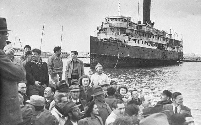 Illustrative: The ship 'Exodus' docks in Haifa where it's passengers – Jewish Holocaust survivor – are transferred to British ships for deportation back to Europe. July 18, 1947 (PD / The Palmach Archive via the PikiWiki) Illustrative: The ship 'Exodus' docks in Haifa where it's passengers – Jewish Holocaust survivor – are transferred to British ships for deportation back to Europe. July 18, 1947 (PD / The Palmach Archive via the PikiWiki)