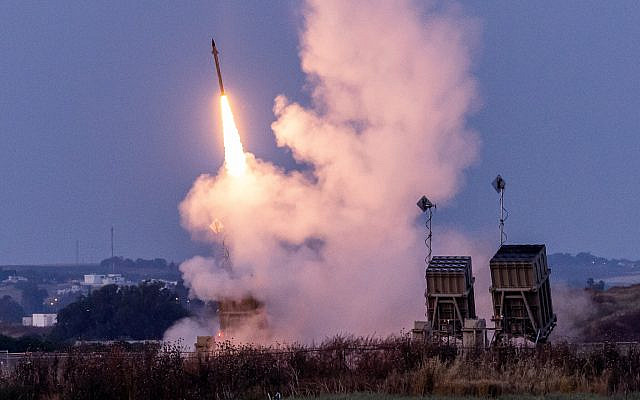 The Iron Dome anti-missile system fires interception missiles as rockets fired from the Gaza Strip to Israel, in Sderot on May 10, 2023. (Yonatan Sindel/ Flash90)