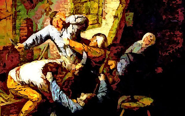 Attack on Women; image colorized and modified by the author, obtained from Wikimedia Commons, Vechtend Boerengezelschap by Van Ostade, in the public domain.