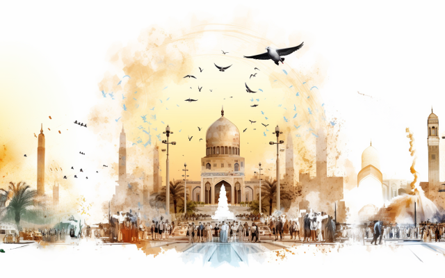 An AI-generated image depicting an imaginary scene in Iraq with doves as symbols of peace.