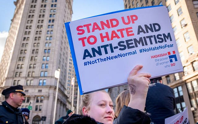 MANHATTAN, NEW YORK, UNITED STATES - 2020/01/05: Participant holding a sign at the rally. Thousands of New Yorkers of all backgrounds joined community leaders and city and statewide elected officials in Foley Square at the No Hate. No Fear. solidarity march in unity against the rise of anti-semitism. (Photo by Erik McGregor/LightRocket via Getty Images)