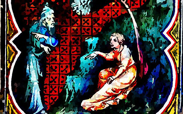 Saadia and Batkol argue; image colorized and modified by the author, obtained from Wikimedia Commons, Bible of Jean De Sy, Gideon & Angel, in the public domain.