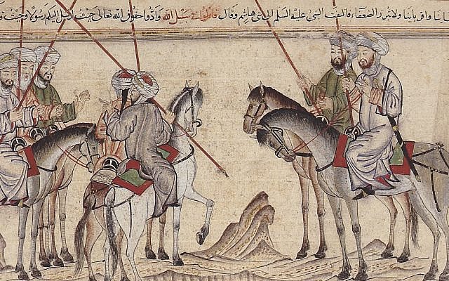 The Muslims consult before the battle of Badr, 14th-century manuscript of the Jami‘ al-Tawarikh of Rashid al-Din, Khalili Collection. Wikimedia Commons.