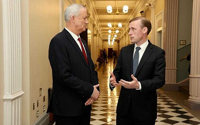 Illustrative. Then-defense minister Benny Gantz (left) and US National Security Adviser Jake Sullivan meet at the White House in Washington, May 19, 2022. (Shmulik Almany/ GPO) Illustrative. Then-defense minister Benny Gantz (left) and US National Security Adviser Jake Sullivan meet at the White House in Washington, May 19, 2022. (Shmulik Almany/ GPO)