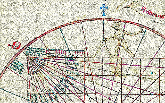 Early navigation aid with trigonometric calculations; image colorized and modified by the author, obtained from Wikimedia Commons, tondo e quadro of Andrea Bianco, 1436, in the public domain.