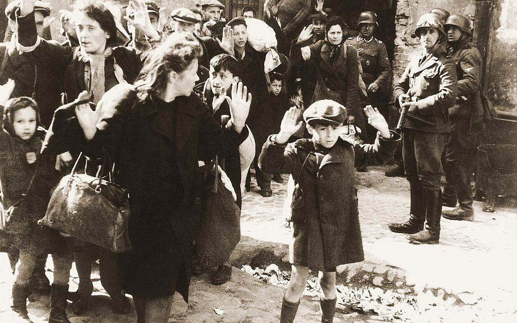 Polish Jews captured by Germans during the suppression of the Warsaw Ghetto Uprising in Poland. Photo from Jürgen Stroop Report to Heinrich Himmler from May 1943. (CC via Wikimedia)