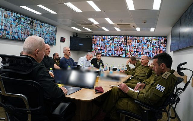 Defense Minister Yoav Gallant, left, meets with IDF Chief of Staff Herzi Halevi, Mossad director David Barnea and Shin Bet chief Tomer Bar, December 16, 2023. (Defense Ministry) Defense Minister Yoav Gallant, left, meets with IDF Chief of Staff Herzi Halevi, Mossad director David Barnea and Shin Bet chief Tomer Bar, December 16, 2023. (Defense Ministry)
