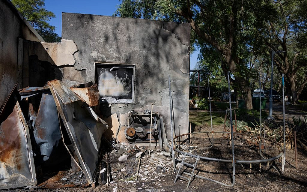 The destruction caused by Hamas terrorists in Kibbutz Nir Oz on October 7, 2023, near the Israeli-Gaza border, November 21, 2023. (Chaim Goldberg/Flash90)