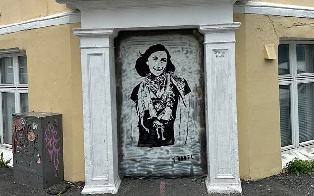A mural of Anne Frank wearing a keffiyeh in Bergen, Norway, painted by the anonymous artist Töddel, July 2024. (Courtesy of Töddel via JTA) A mural of Anne Frank wearing a keffiyeh in Bergen, Norway, painted by the anonymous artist Töddel, July 2024. (Courtesy of Töddel via JTA)