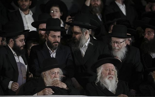 Illustrative. The rabbinic leader of the Gur Hasidic movement Yaakov Aryeh Alter, right, and Rabbi Chaim Kanievsky attend a United Torah Judaism Party campaign rally in Jerusalem, on September 15, 2019. (Yonatan Sindel/Flash90/File) Illustrative. The rabbinic leader of the Gur Hasidic movement Yaakov Aryeh Alter, right, and Rabbi Chaim Kanievsky attend a United Torah Judaism Party campaign rally in Jerusalem, on September 15, 2019. (Yonatan Sindel/Flash90/File)