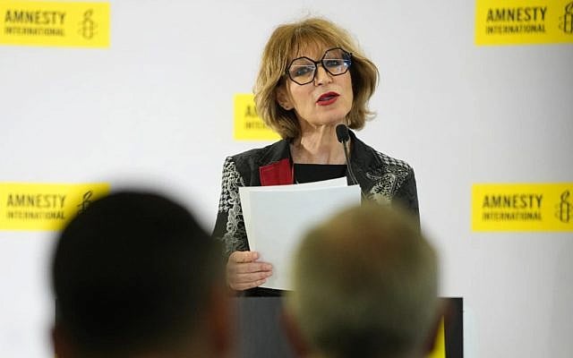 Agnes Callamard, Secretary General of Amnesty International, speaks at a press conference in London, ahead of the launch of 'The State of the World's Human Rights', its annual report on the global human rights situation, April 23, 2024. (AP Photo/Kirsty Wigglesworth)