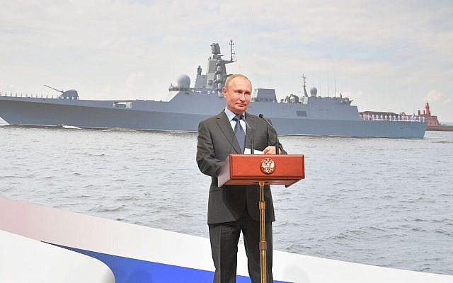Russian President Vladimir Putin gives a speech during the keel laying ceremony for the two new frigates Admiral Amelko and Admiral Chichagov at the Severnaya (Northern) Verf shipyard in Saint Petersburg on April 23, 2019. (Photo by Alexei Druzhinin / SPUTNIK / AFP)        (Photo credit should read ALEXEI DRUZHININ/AFP via Getty Images)