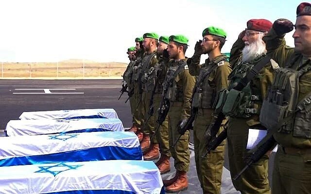 Undated photos of Oded Lifshitz (left); Shiri Bibas, Kfir Bibas and Ariel Bibas (Amiram Oren/Courtesy); Red Cross personnel arrive to receive the bodies of the four fallen Israeli hostages from Hamas in Khan Younis, southern Gaza Strip, February 20, 2025. (Reuters/Anadolu Agency/STRINGER/AFPTV/AFP); Israelis gather in Hostages Square in Tel Aviv to mourn. (Sharon Aronowicz/AFPTV/AFP); The IDF holds a ceremony in the Gaza Strip (IDF); A convoy of IDF vehicles escorted by the Israel Police leaves the Gaza border, and later arrives at the Abu Kabir forensic institute in Tel Aviv. (Israel Police)