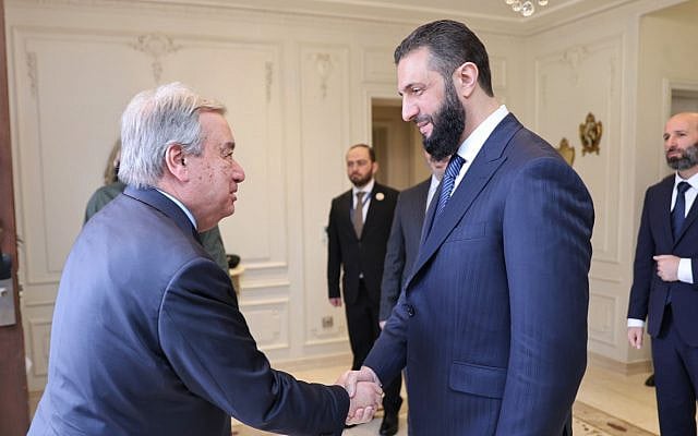 UN Secretary General Antonio Guterres and Syria's interim President Ahmed al-Sharaa meeting in Cairo on March 4, 2025. (Syrian presidency) UN Secretary General Antonio Guterres and Syria's interim President Ahmed al-Sharaa meeting in Cairo on March 4, 2025. (Syrian presidency)