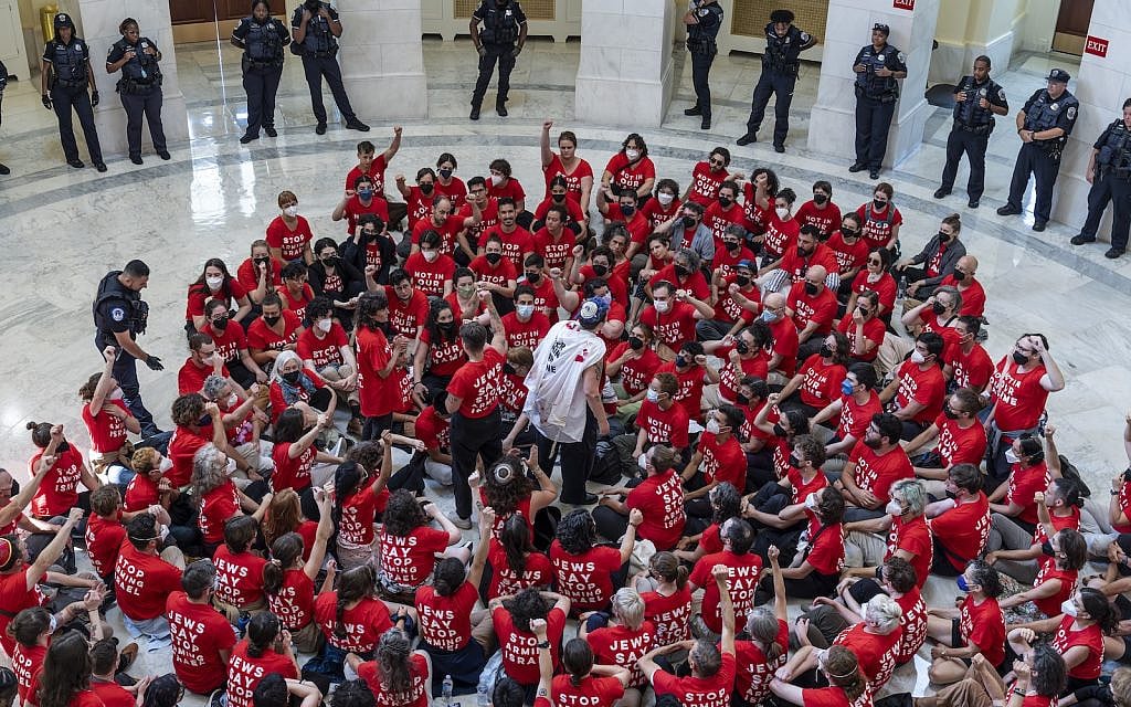 Demonstrators protest against the military policies of Israel ahead of a visit by Prime Minister Netanyahu to address a joint meeting of Congress, in the Cannon House Office Building at the Capitol in Washington, July 23, 2024. (AP/J. Scott Applewhite)