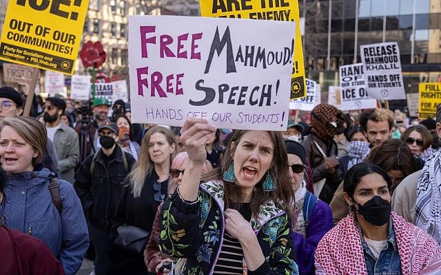 Protesters gather in Foley Square, outside the Manhattan federal court, in support of Mahmoud Khalil, Wednesday, March 12, 2025, in New York. (AP Photo/Stefan Jeremiah)